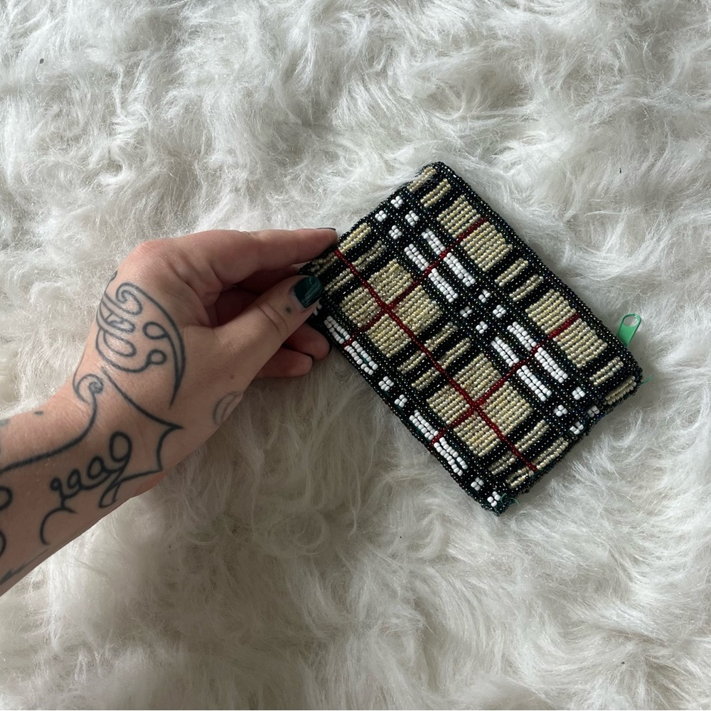 Y2K Vintage Nova Check Plaid Beaded Card Holder Zipper Wallet